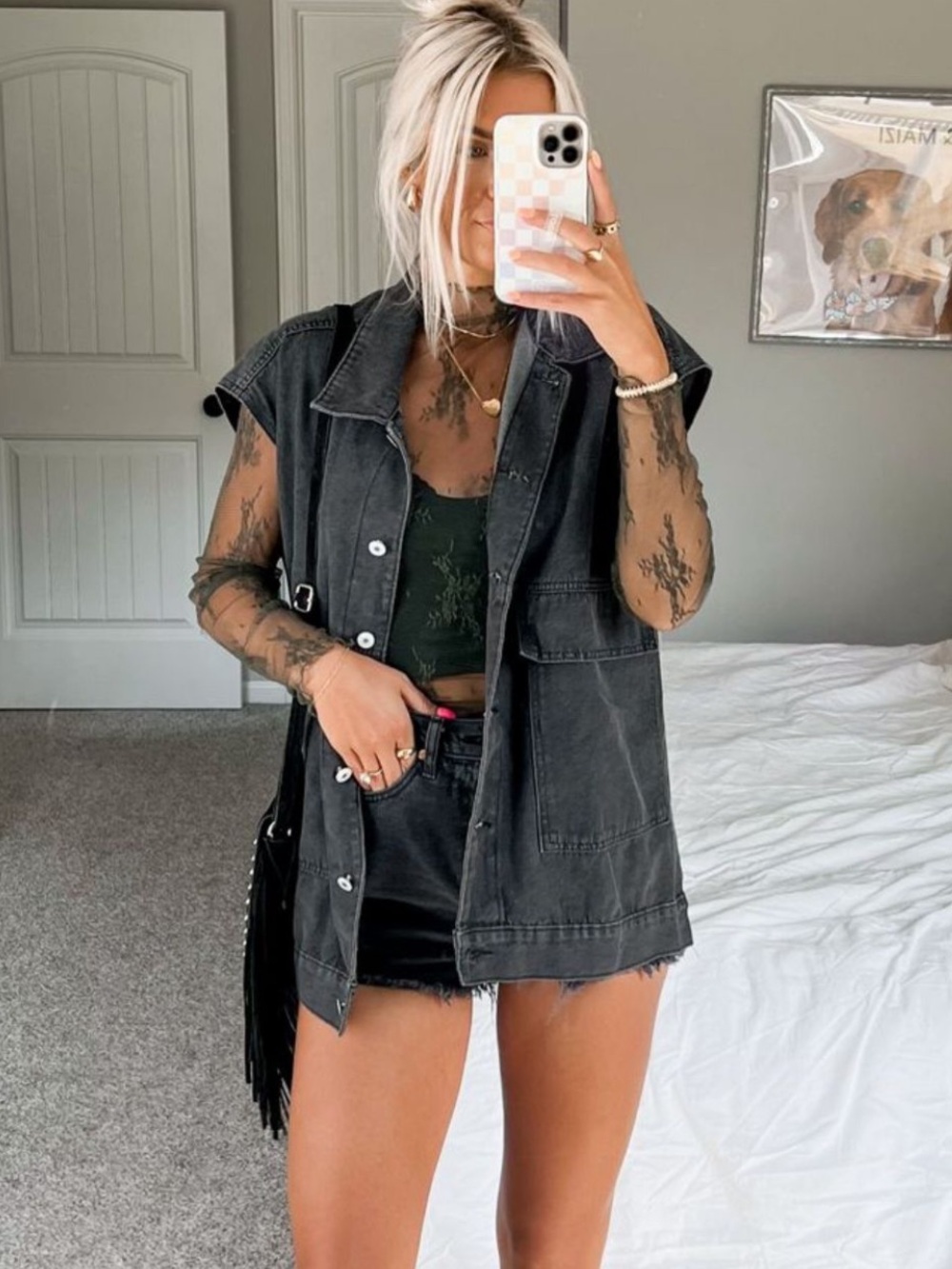 Washed Black Denim Vest Jean blazer women button front - Picture 1 of 8